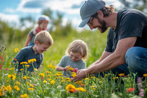 A man is helping two children pick flowers in a field