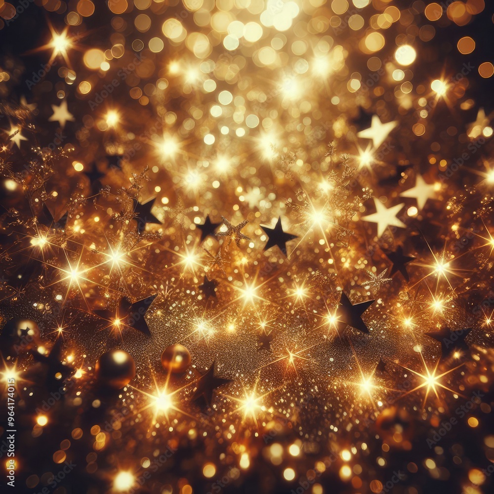 gold Sparkling Lights Festive background with texture. Abstract Christmas twinkled bright bokeh defocused and Falling stars. Winter Card or invitation
