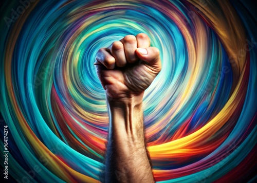 A clenched fist emerging from a swirl of abstract shapes, emphasizing powerful simplicity and the emotional expressiveness of a strong, symbolic gesture.