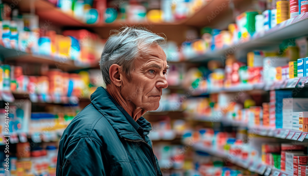 Older Man Shopping for Medication in Pharmacy Aisle Older Man Shopping for Medication in Pharmacy Aisle