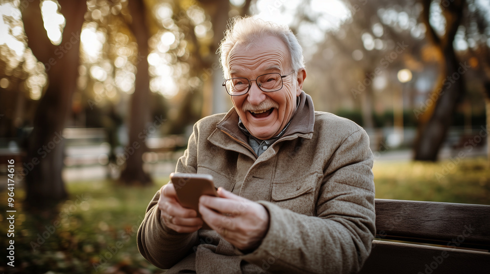 Smiling senior man enjoying smartphone in park on a warm autumn afternoon Smiling senior man enjoying smartphone in park on a warm autumn afternoon