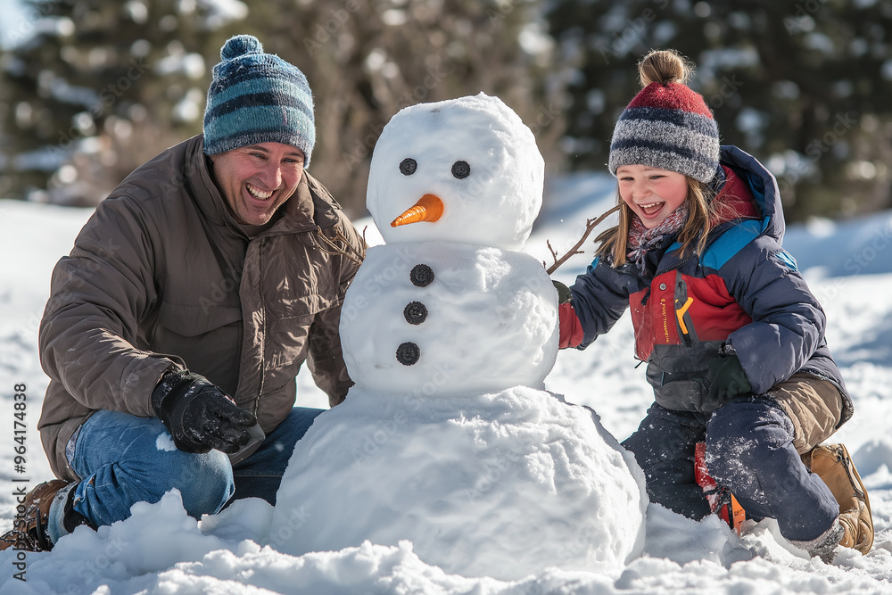 A man and a child are playing in the snow, with the man holding a snowman A man and a child are playing in the snow, with the man holding a snowman