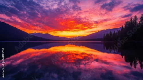 A beautiful sunset wallpaper showing a sunset scene over a lake with trees and other natural elements