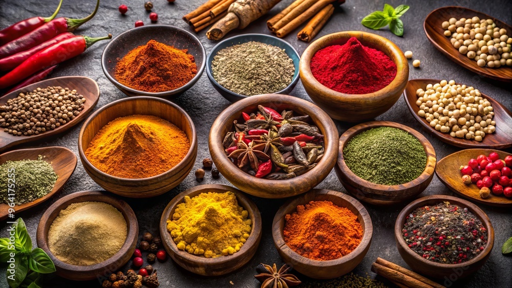 Vibrant Indian spices displayed in wooden bowls on dark surface Vibrant Indian spices displayed in wooden bowls on dark surface