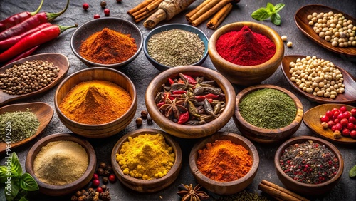 Vibrant Indian spices displayed in wooden bowls on dark surface