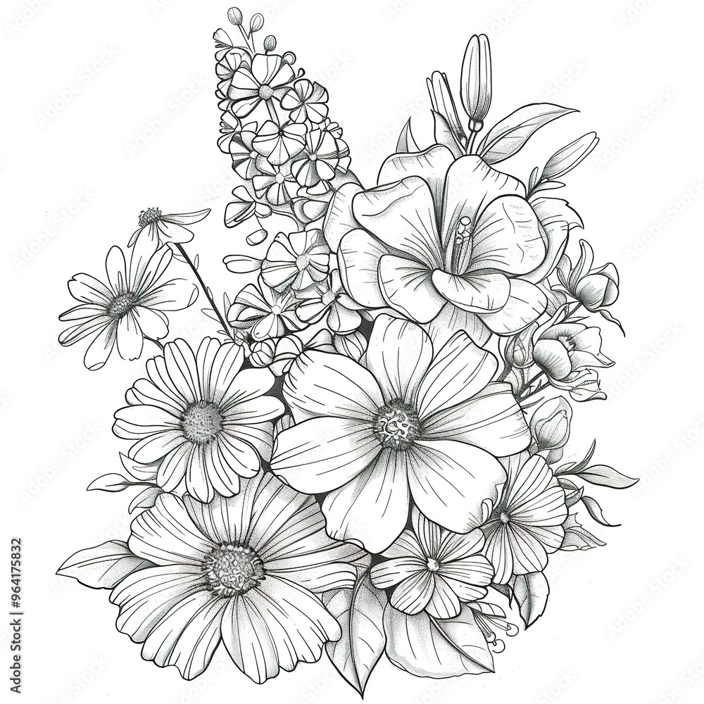 Fototapeta premium Detailed Black and White Floral Bouquet Sketch of Wildflowers