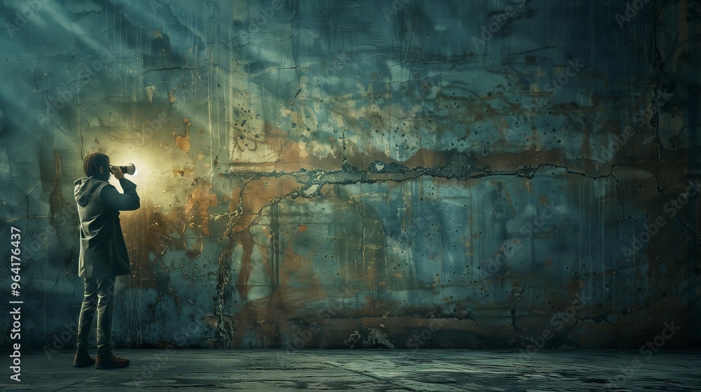 Photographer Capturing Texture on Rusty Grunge Wall in Dim Light - Conceptual Urban Exploration Photographer Capturing Texture on Rusty Grunge Wall in Dim Light - Conceptual Urban Exploration