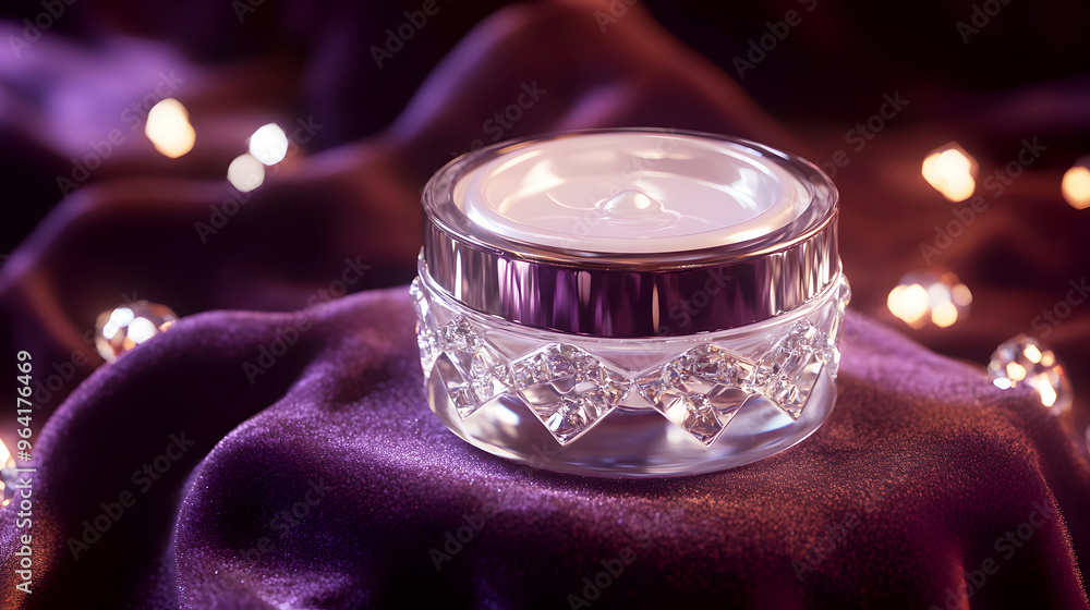 cream jar with diamonds or shimmering elements around it, placed on a velvet surface, showcasing opulence and exclusivity cream jar with diamonds or shimmering elements around it, placed on a velvet surface, showcasing opulence and exclusivity