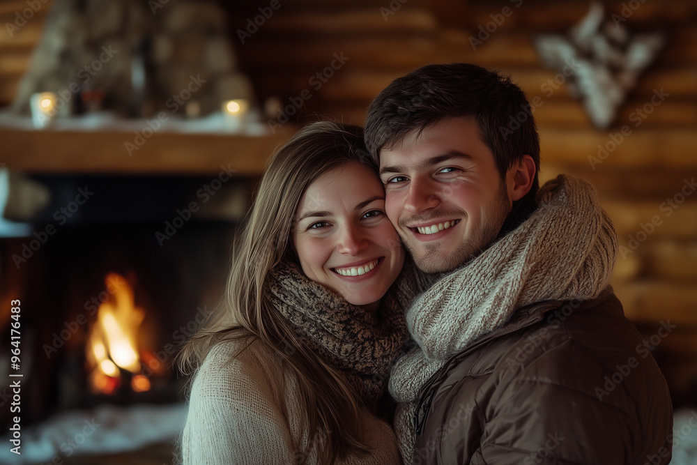 A couple is hugging in front of a fireplace A couple is hugging in front of a fireplace
