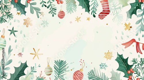 Elegant Christmas Frame Background: Green Tree Branches, Holly, Wreaths, Snowflakes & More in Pastel Watercolor for a Minimalist Holiday Design