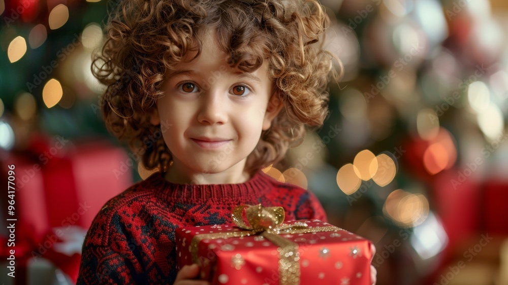 Curly-haired toddler in red holding a golden gift with Christmas lights in the background Holiday cheer concept Curly-haired toddler in red holding a golden gift with Christmas lights in the background Holiday cheer concept