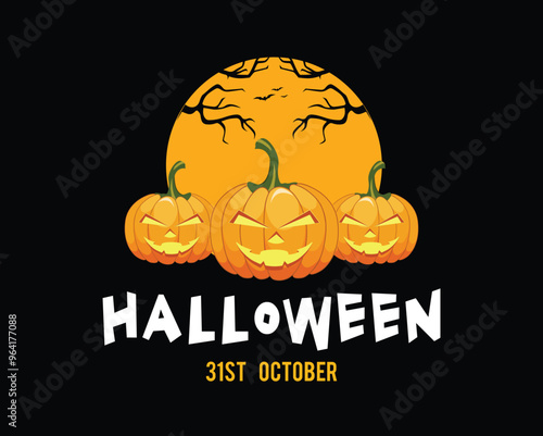 Happy Halloween text banner. 3D realistic pumpkins and other Halloween symbols. Vector illustration photo