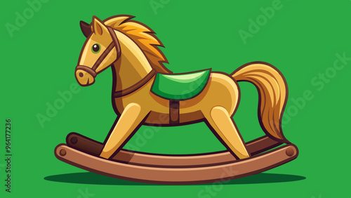 traditional wooden rocking horse with a smooth finish, placed against a solid green background, emphasizing its classic and nostalgic charm