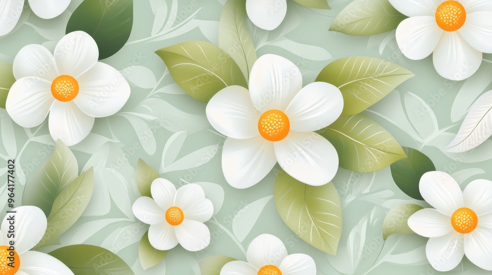White Flowers and Green Leaves on a Pastel Green Background, Digital Art, Flower Pattern, 3D Floral, Green, White, Floral Design White Flowers and Green Leaves on a Pastel Green Background, Digital Art, Flower Pattern, 3D Floral, Green, White, Floral Design