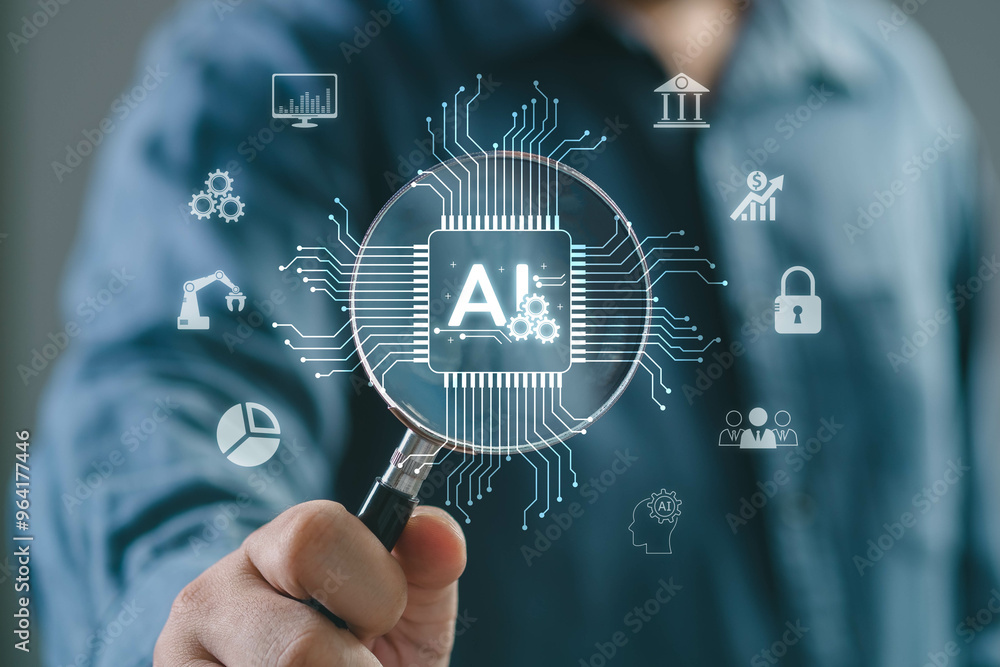 A person examining artificial intelligence concepts through a magnifying glass, highlighting technology and innovation. A person examining artificial intelligence concepts through a magnifying glass, highlighting technology and innovation.