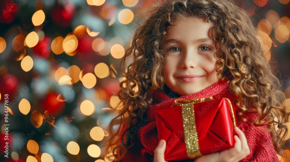 woman with curly hair smiling holding christmas gift box, for christmas promotion woman with curly hair smiling holding christmas gift box, for christmas promotion