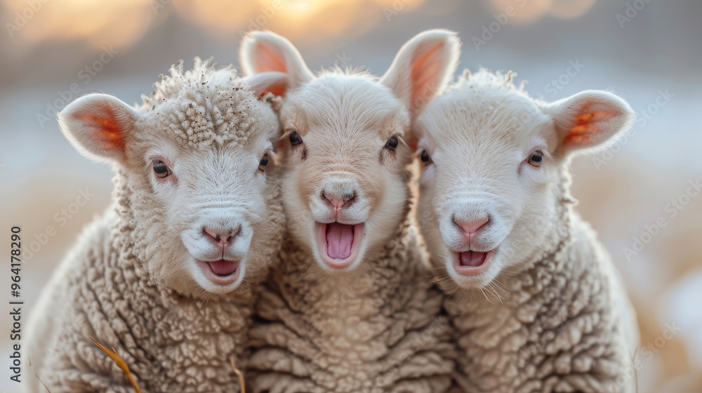 Three adorable lambs with open mouths, standing close together, expressing joy and surprise, showcasing innocence and playful energy in nature Three adorable lambs with open mouths, standing close together, expressing joy and surprise, showcasing innocence and playful energy in nature