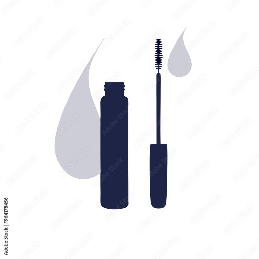 a simple illustration of a mascara tube and wand. The tube is depicted as a solid dark shape, and the wand is shown with a brush at the end a simple illustration of a mascara tube and wand. The tube is depicted as a solid dark shape, and the wand is shown with a brush at the end