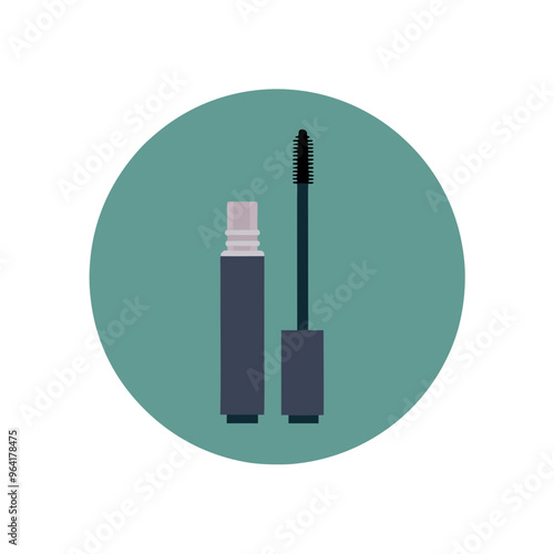 a simple illustration of a mascara tube and wand. The mascara tube is depicted as a dark-colored cylinder with a lighter-colored cap