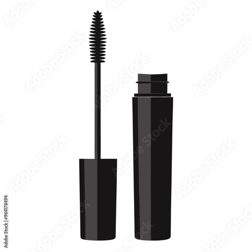 a black mascara tube with its wand. The tube is open, and the wand is positioned to the left of the tube. The wand has a handle and a brush with bristles designed for applying mascara to eyelashes