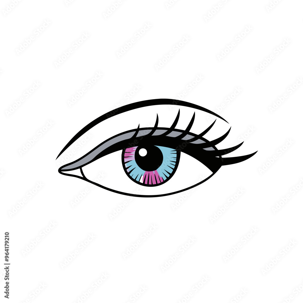 a stylized illustration of an eye. The eye has a blue iris with pink and purple accents, giving it a vibrant and colorful appearance. The eyelashes are long and prominent, and the eyebrow is drawn in a stylized illustration of an eye. The eye has a blue iris with pink and purple accents, giving it a vibrant and colorful appearance. The eyelashes are long and prominent, and the eyebrow is drawn in
