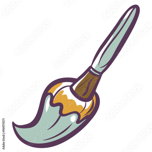 an illustration of a paintbrush. The brush has a wooden handle with a metallic ferrule holding the bristles. The bristles are depicted as if they are in motion, with a swoosh of light blue paint trail