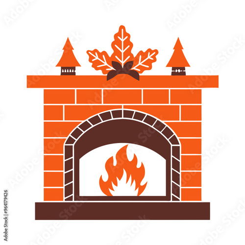  a stylized illustration of a brick fireplace. The fireplace is depicted in orange and brown colors. It has a classic arched opening with a fire burning inside, represented by orange flames. 