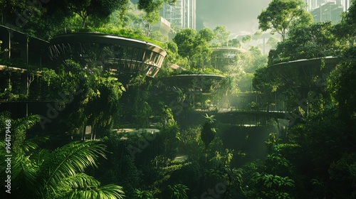 A verdant urban environment with sustainable architecture and lush vegetation, representing eco-conscious urban development 