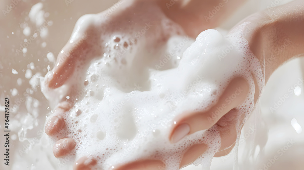 Fototapeta premium Gentle white foam forming in the hands, symbolizing the sensitivity and care