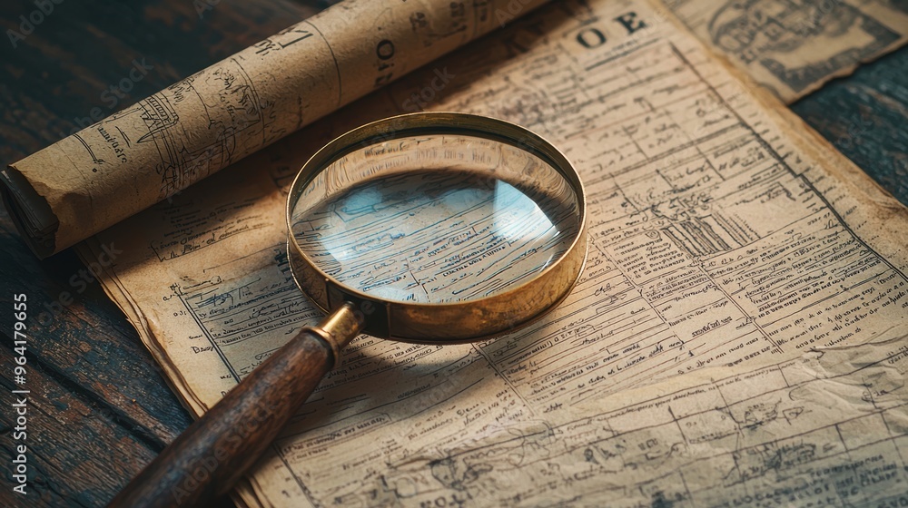 magnifying glass on old book magnifying glass on old book