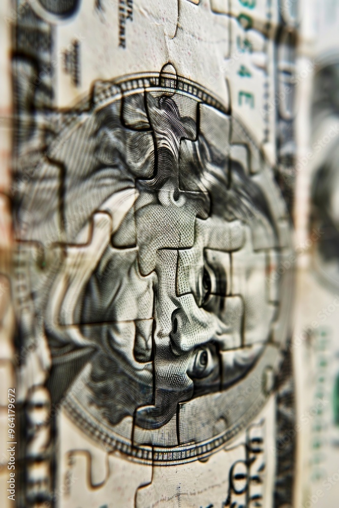 Obraz premium Macro view of a fragmented puzzle with a dollar bill design, highlighting the face and texture details.