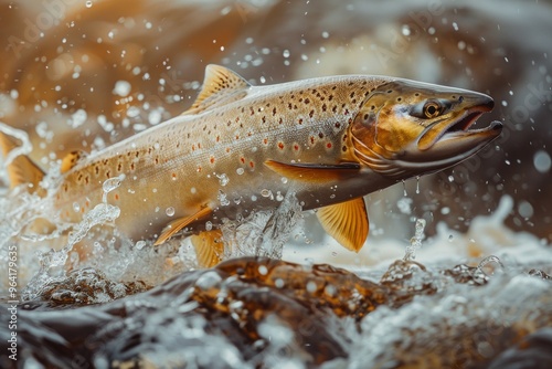 A brown trout leaps out of a river, splashing water, showcasing its vibrant pattern and natural habitat.