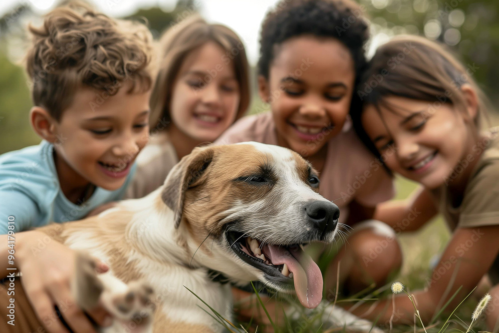 A group of children are playing with a dog in a grassy field A group of children are playing with a dog in a grassy field