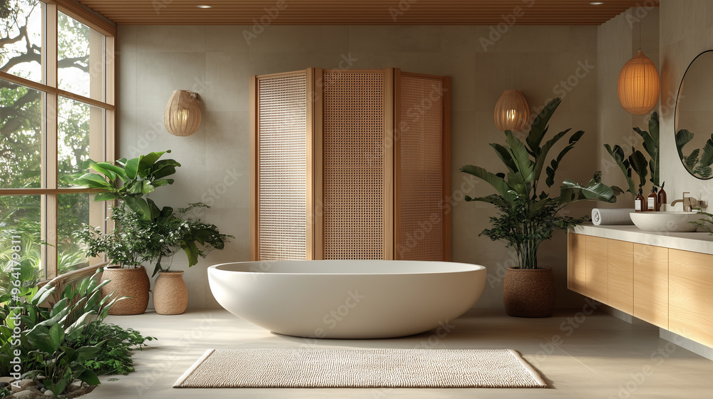 Fototapeta premium Serene Light Bathroom with Raw-Style Folding Screen, Bathtub, and Lush Houseplants