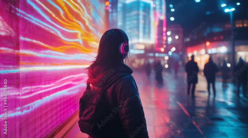 A Person Wandering through a Neon light Urban Landscape with Headphones