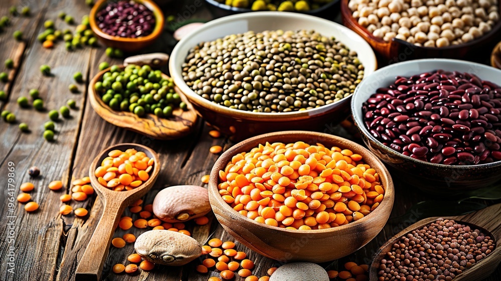 Artful Display of Beans and Legumes: Chickpeas, Red Beans, and More in Bowls on a Wooden Table, Accented with Stones and Wooden Spoons Artful Display of Beans and Legumes: Chickpeas, Red Beans, and More in Bowls on a Wooden Table, Accented with Stones and Wooden Spoons