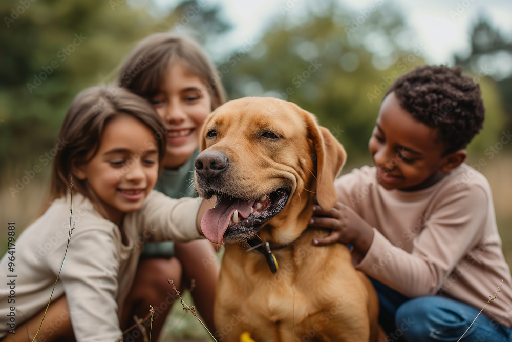 Three children are hugging a brown dog Three children are hugging a brown dog