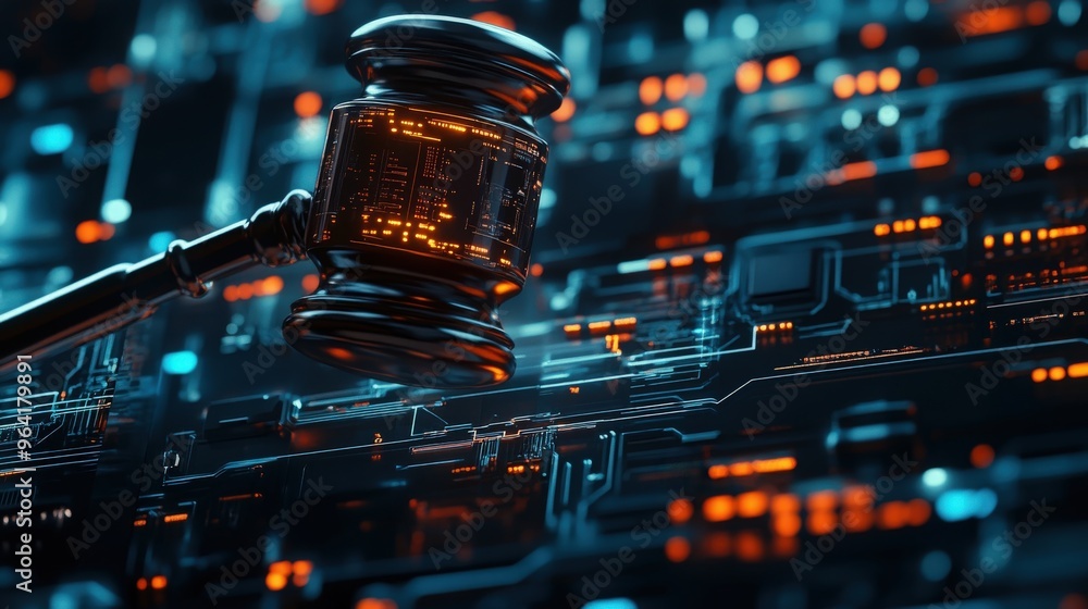 Image Tech Regulation Gavel suspended in a high-tech virtual setting, symbolizing the ...