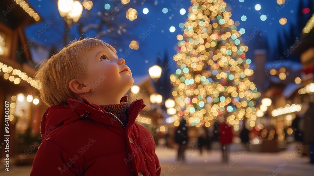 Boy gazes up at a majestic christmas tree in a snowy city center, surrounded by twinkling lights, embodying holiday wonder and joy