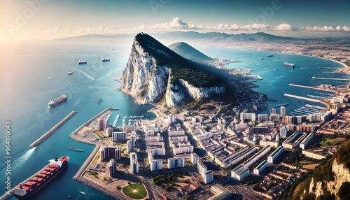 panoramic view of Gibraltar, showcasing the iconic Rock of Gibraltar towering over the city and its surrounding coastline.