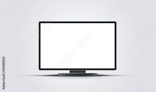 Realistic 3d smart led tv hdtv standing on desk. Computer monitor mockup front view with white empty screen for display your ux design, site, presentation and web project. Vector illustration.