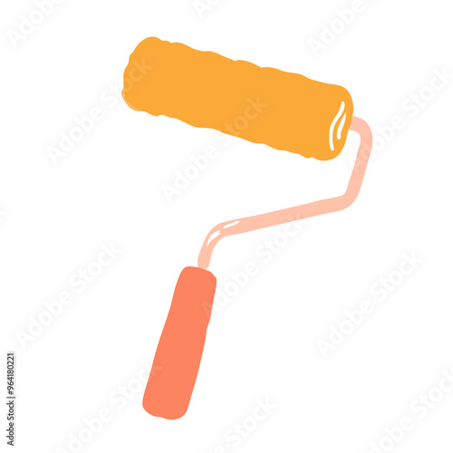 a simple illustration of a paint roller. The roller part is colored orange, and the handle is a lighter shade of orange or peach. The roller is depicted in a slightly angled position, with the handle 
