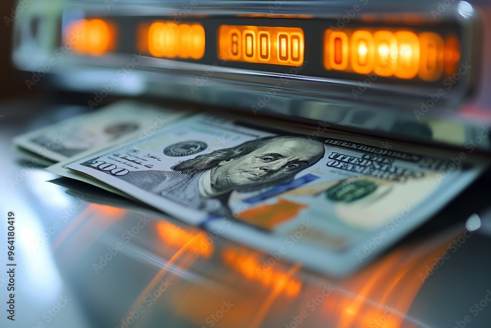 Close-up of a 100 dollar bill being counted by a machine. Close-up of a 100 dollar bill being counted by a machine.