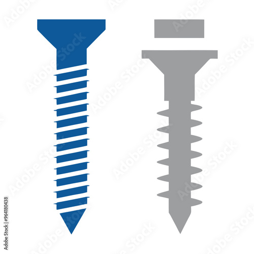 two stylized illustrations of screws. The screw on the left is blue and has a flat, countersunk head with a smooth shank and a pointed tip. 
