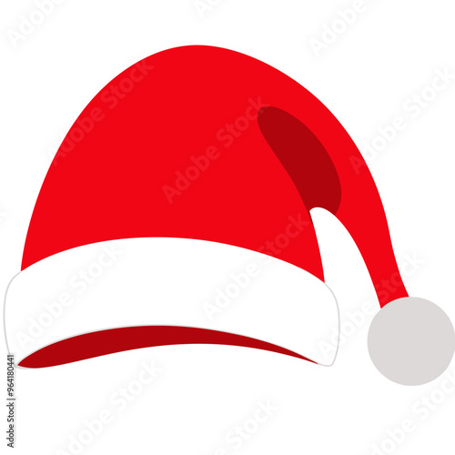 a simple illustration of a Santa Claus hat. It is predominantly red with a white trim at the base and a white pom-pom at the tip. The hat is depicted in a slightly tilted position.