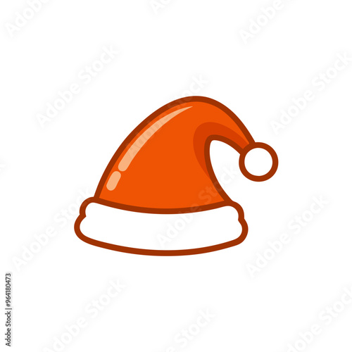 a simple illustration of a Santa Claus hat. It is red with a white trim at the bottom and a white pom-pom at the tip. The hat is depicted in a cartoon style with a slight shine on the red part, giving