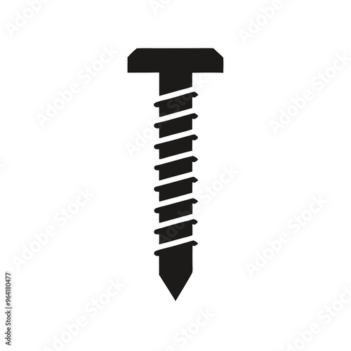 a simple black silhouette of a screw. The screw has a flat, wide head and a pointed tip. The body of the screw is threaded, with the threads spiraling down from the head to the tip.