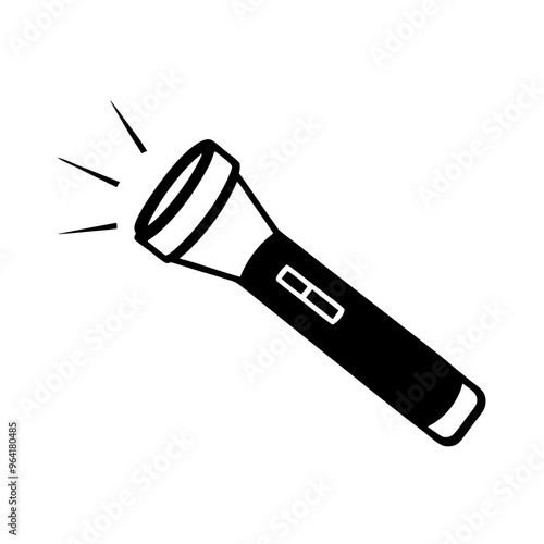  a simple black and white icon of a flashlight. The flashlight is depicted in a tilted position with light rays emanating from its front, indicating that it is turned on. 