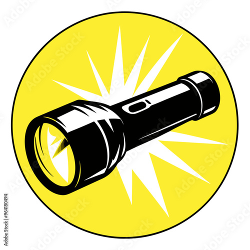 a graphic illustration of a black flashlight on a bright yellow circular background. The flashlight is depicted in a simple, bold style, with white highlights to suggest shine and depth. 