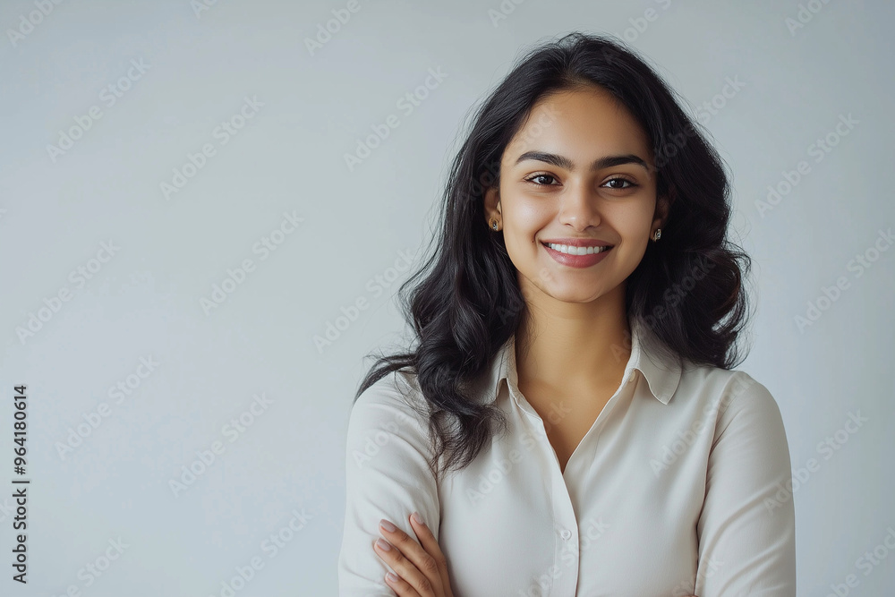 A woman with long hair and a white shirt is smiling